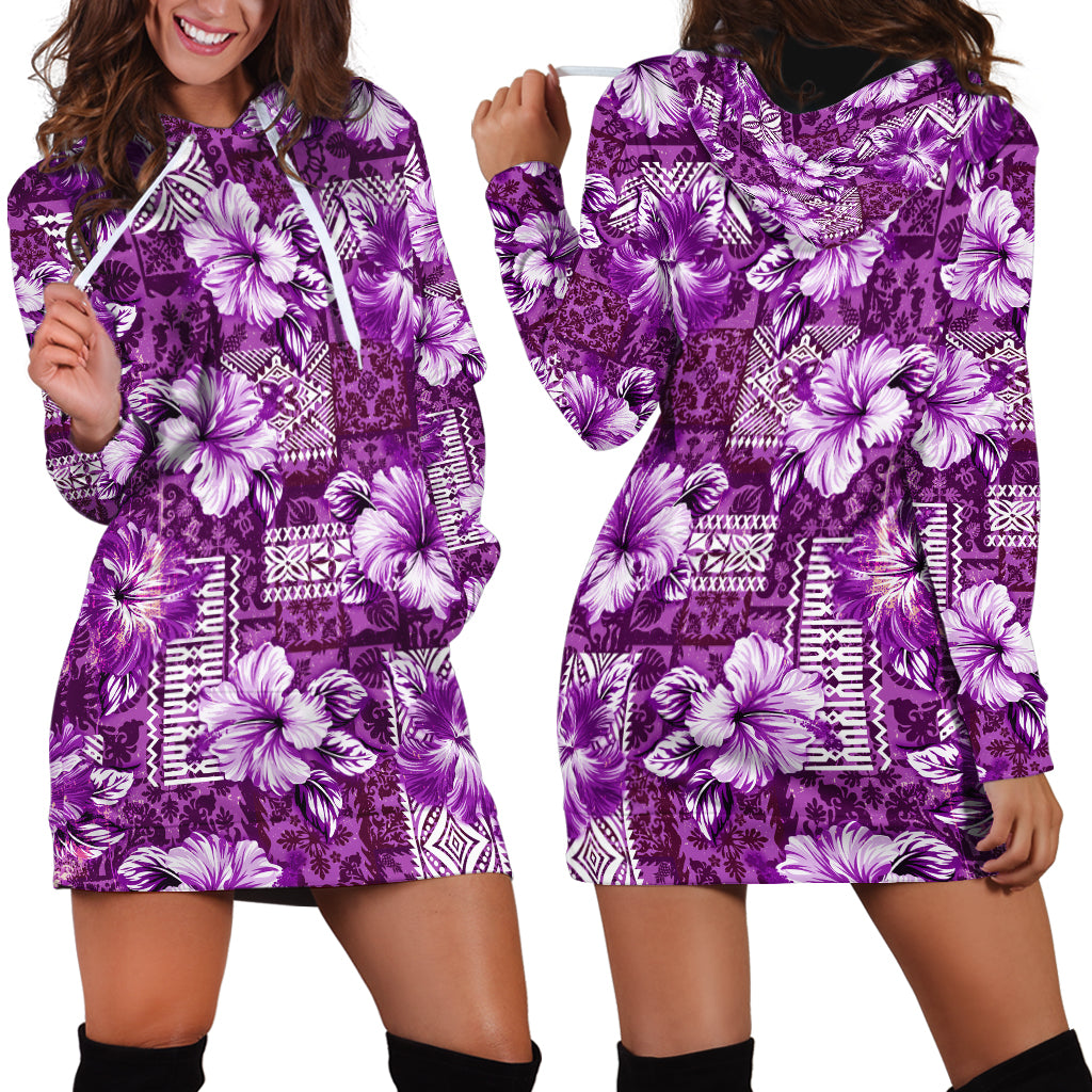 Hawaiian Quilt Pattern Hoodie Dress Hibiscus and Tribal Element Vintage Purple Vibe LT03 - Polynesian Pride