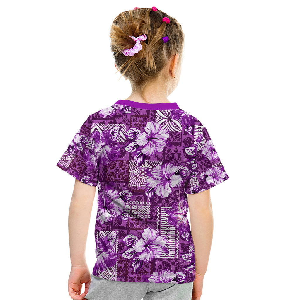 Hawaiian Quilt Pattern Kid T Shirt Hibiscus and Tribal Element Vintage Purple Vibe LT03 - Polynesian Pride