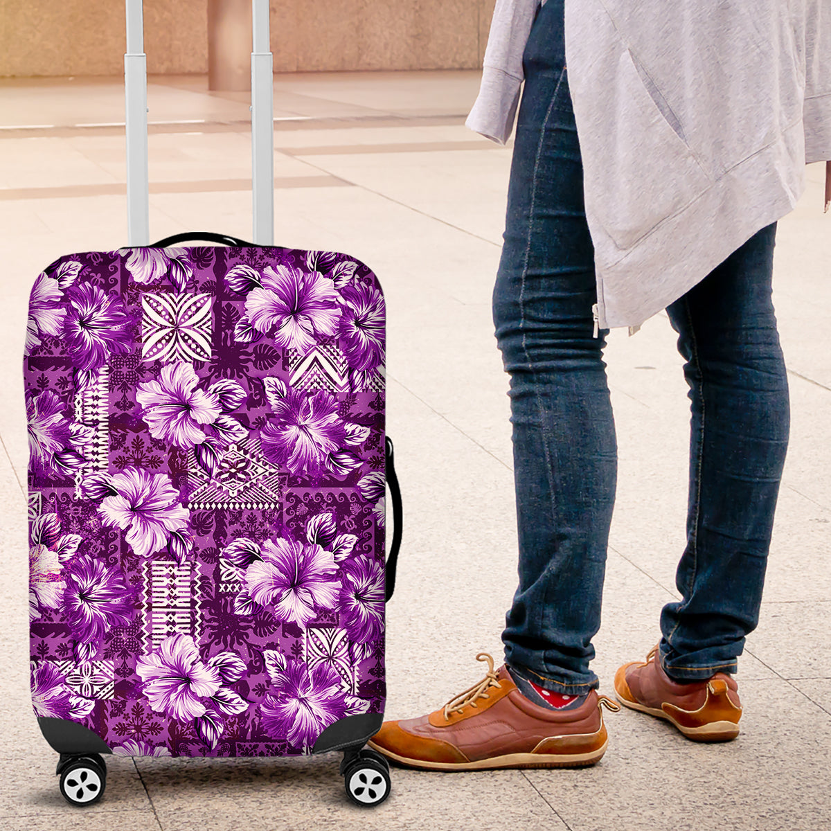 Hawaiian Quilt Pattern Luggage Cover Hibiscus and Tribal Element Vintage Purple Vibe LT03 Purple - Polynesian Pride