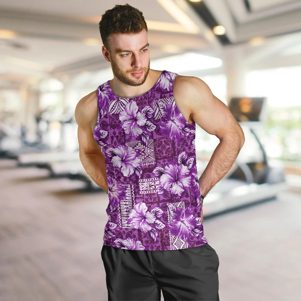 Hawaiian Quilt Pattern Men Tank Top Hibiscus and Tribal Element Vintage Purple Vibe LT03 Purple - Polynesian Pride