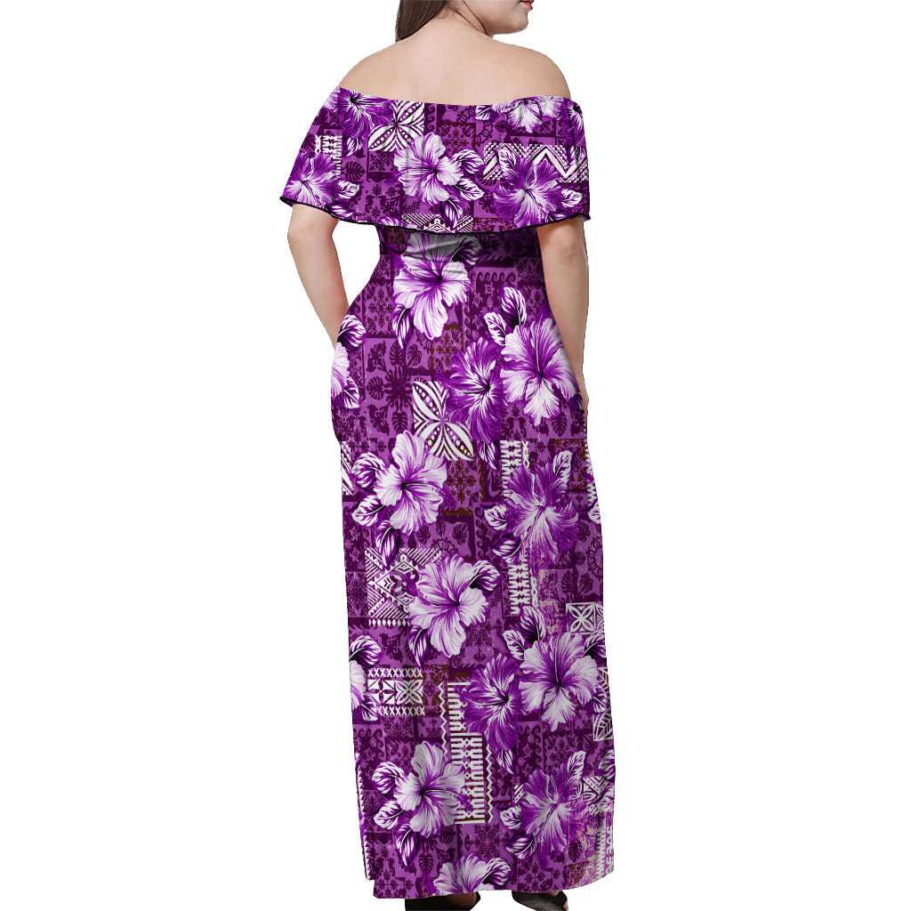 Hawaiian Quilt Pattern Off Shoulder Maxi Dress Hibiscus and Tribal Element Vintage Purple Vibe LT03 - Polynesian Pride