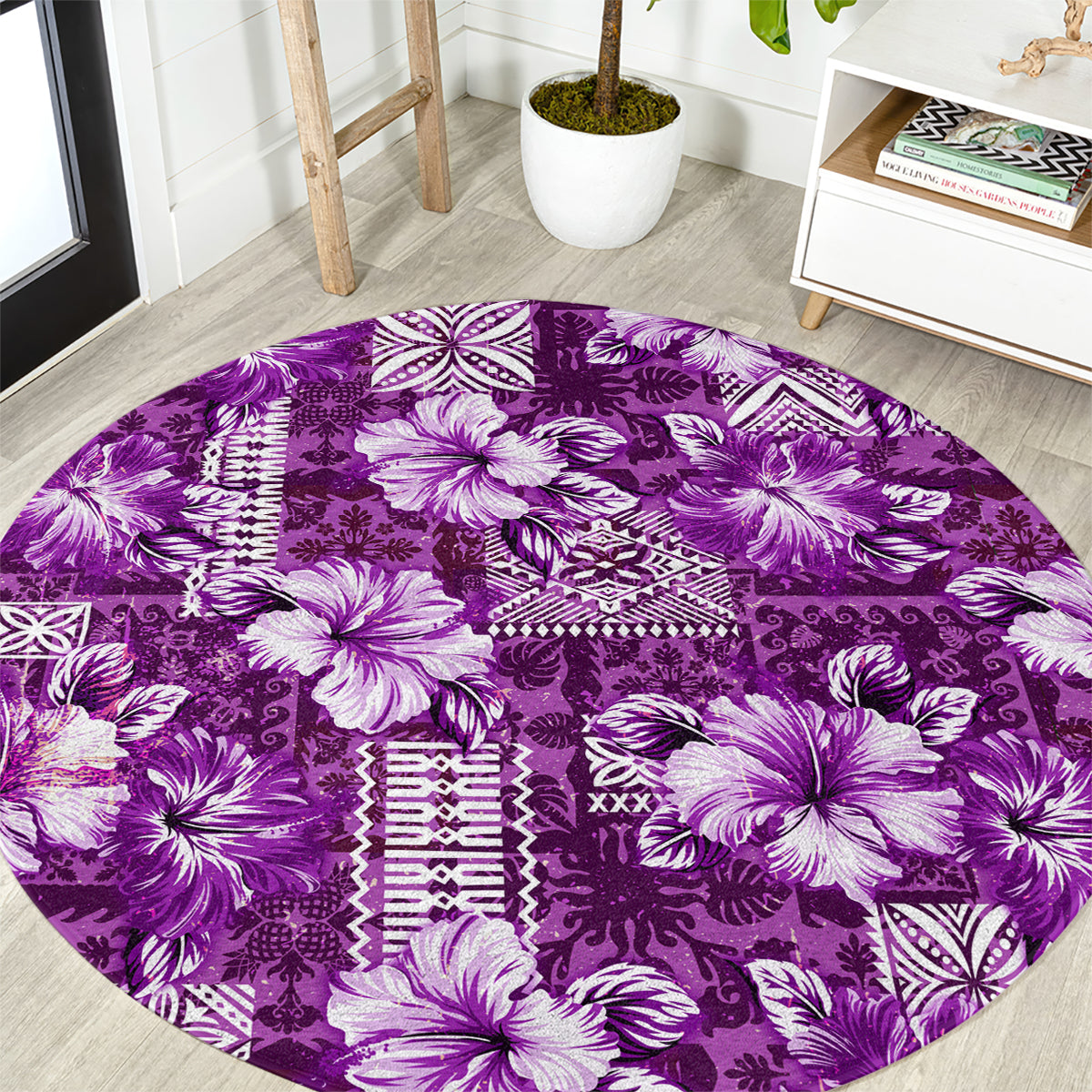 Hawaiian Quilt Pattern Round Carpet Hibiscus and Tribal Element Vintage Purple Vibe LT03 Purple - Polynesian Pride