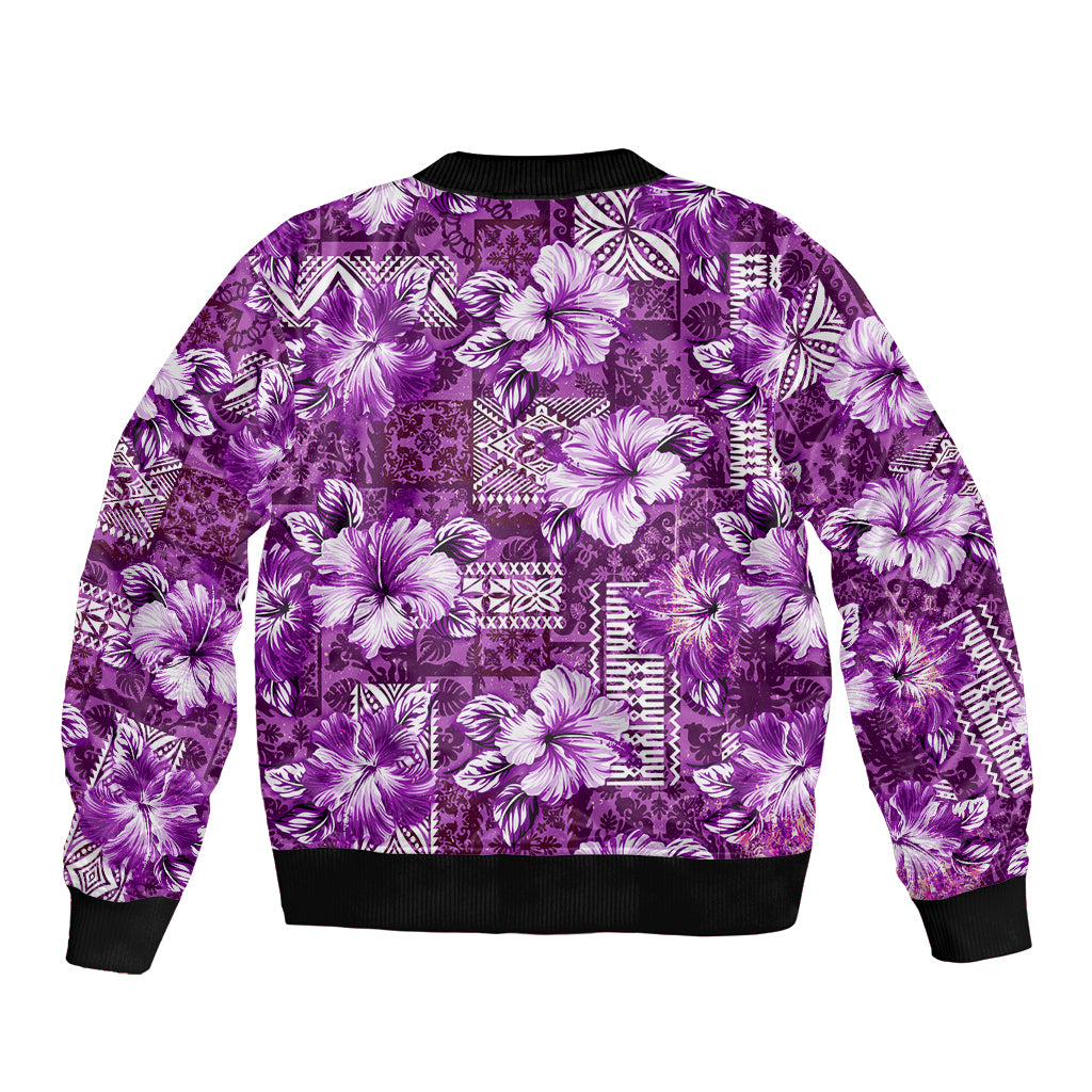 Hawaiian Quilt Pattern Sleeve Zip Bomber Jacket Hibiscus and Tribal Element Vintage Purple Vibe LT03 - Polynesian Pride