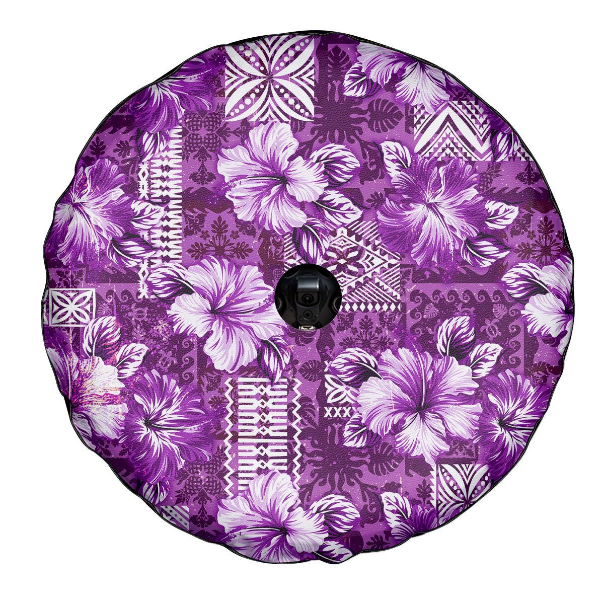Hawaiian Quilt Pattern Spare Tire Cover Hibiscus and Tribal Element Vintage Purple Vibe LT03 - Polynesian Pride