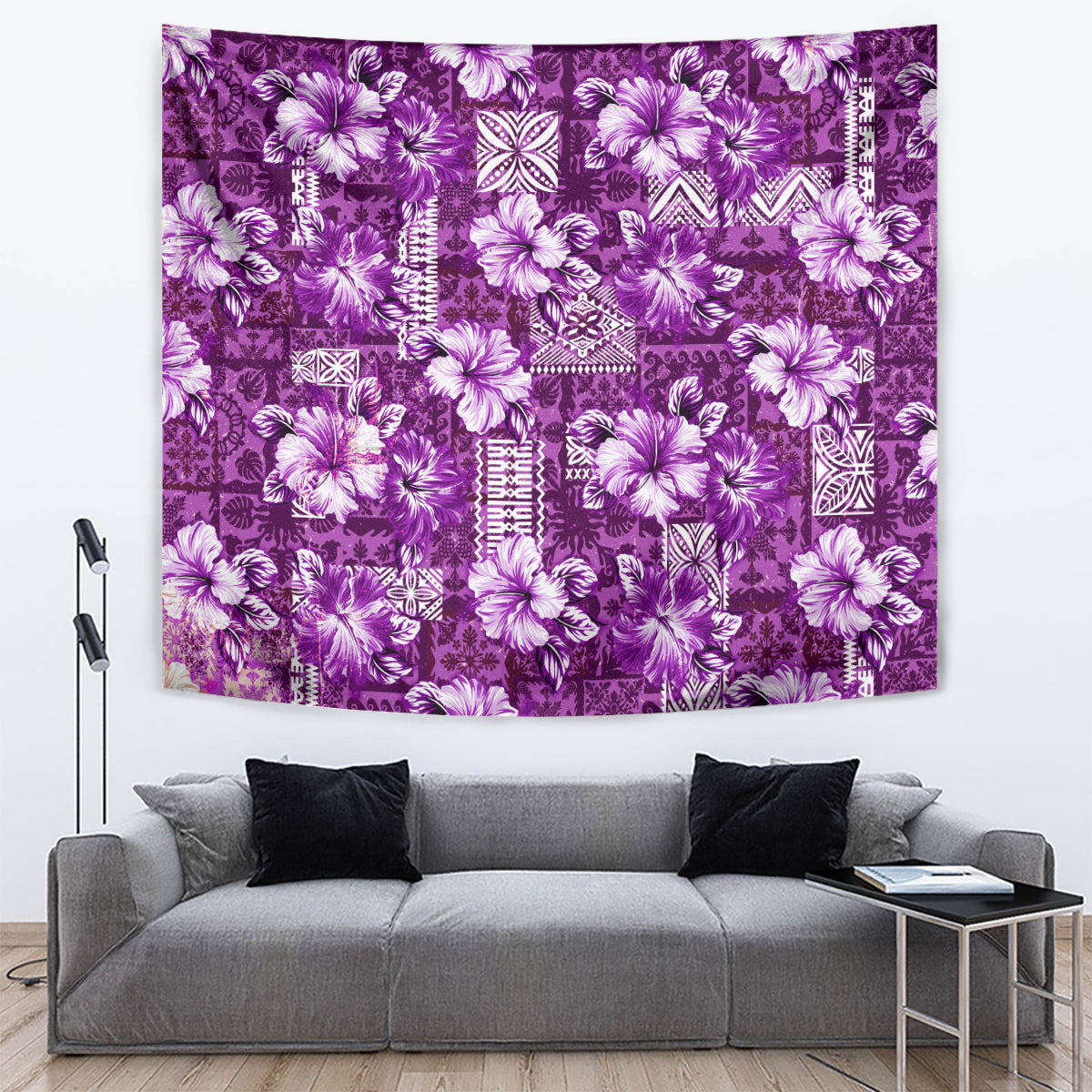 Hawaiian Quilt Pattern Tapestry Hibiscus and Tribal Element Vintage Purple Vibe LT03 Purple - Polynesian Pride