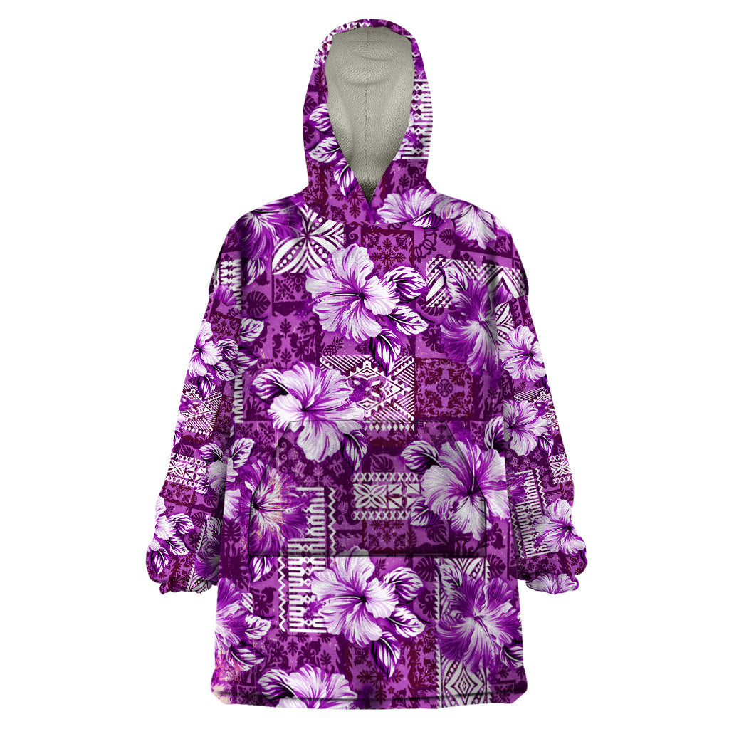 Hawaiian Quilt Pattern Wearable Blanket Hoodie Hibiscus and Tribal Element Vintage Purple Vibe LT03 One Size Purple - Polynesian Pride