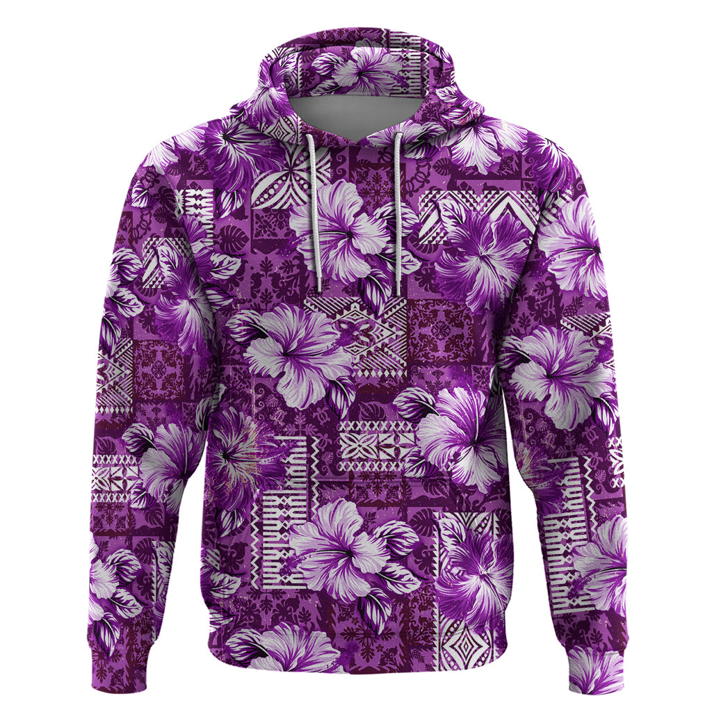 Hawaiian Quilt Pattern Zip Hoodie Hibiscus and Tribal Element Vintage Purple Vibe LT03 Pullover Hoodie Purple - Polynesian Pride