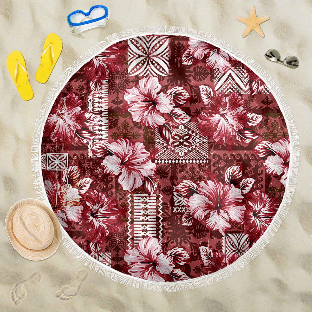 Hawaiian Quilt Pattern Beach Blanket Hibiscus and Tribal Element Vintage Red Vibe LT03 One Size 150cm Red - Polynesian Pride