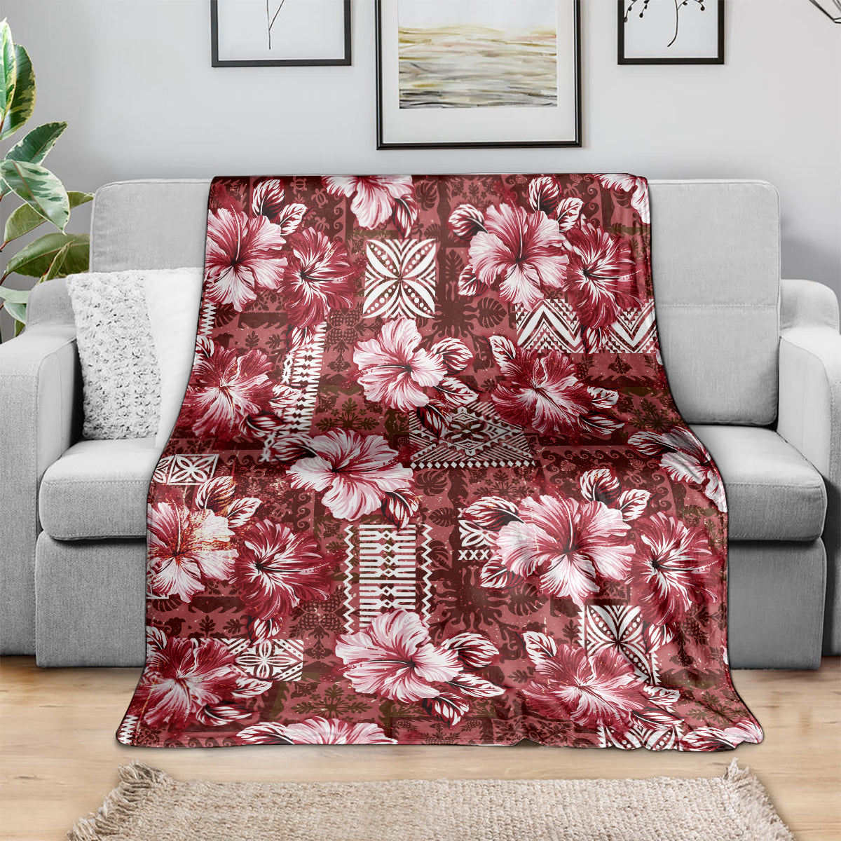 Hawaiian Quilt Pattern Blanket Hibiscus and Tribal Element Vintage Red Vibe LT03 - Polynesian Pride