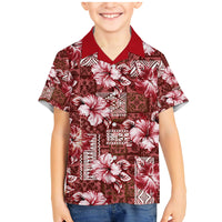 Hawaiian Quilt Pattern Family Matching Mermaid Dress and Hawaiian Shirt Hibiscus and Tribal Element Vintage Red Vibe LT03 Son's Shirt Red - Polynesian Pride
