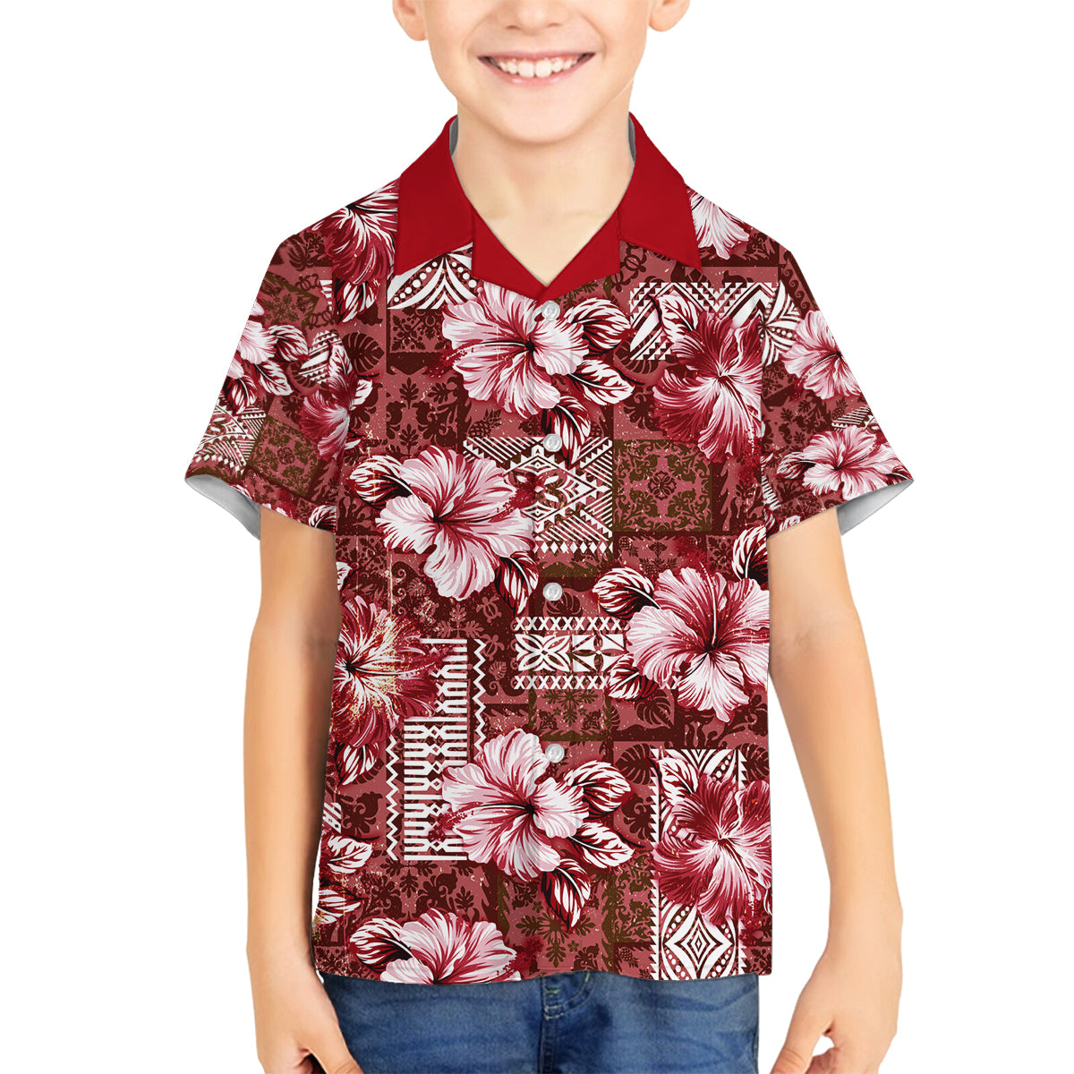 Hawaiian Quilt Pattern Family Matching Off Shoulder Long Sleeve Dress and Hawaiian Shirt Hibiscus and Tribal Element Vintage Red Vibe LT03 Son's Shirt Red - Polynesian Pride