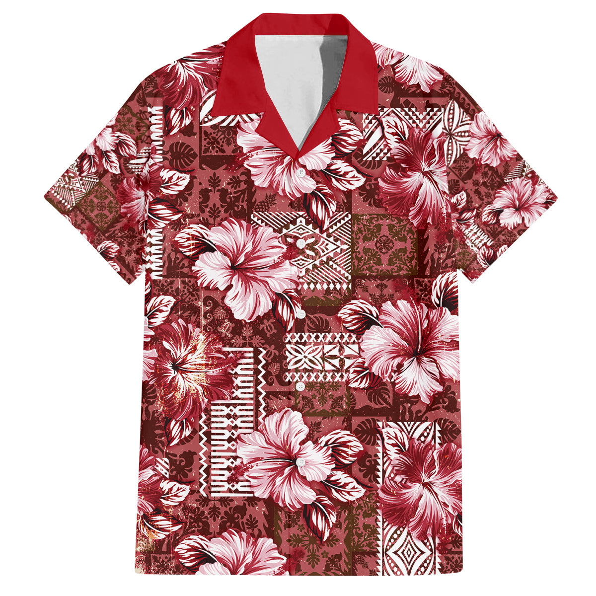 Hawaiian Quilt Pattern Family Matching Off Shoulder Short Dress and Hawaiian Shirt Hibiscus and Tribal Element Vintage Red Vibe LT03 Dad's Shirt - Short Sleeve Red - Polynesian Pride