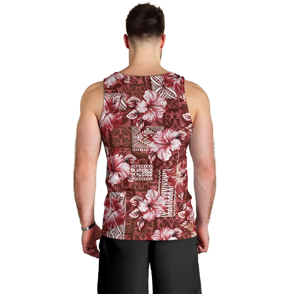 Hawaiian Quilt Pattern Men Tank Top Hibiscus and Tribal Element Vintage Red Vibe LT03 - Polynesian Pride