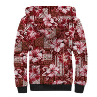 Hawaiian Quilt Pattern Sherpa Hoodie Hibiscus and Tribal Element Vintage Red Vibe LT03 - Polynesian Pride