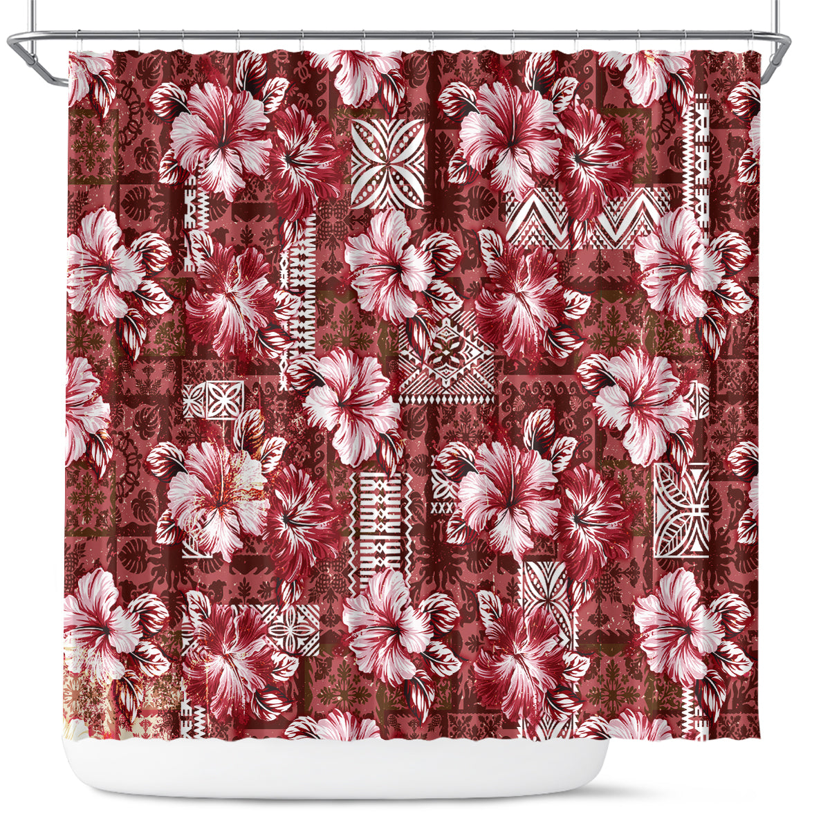 Hawaiian Quilt Pattern Shower Curtain Hibiscus and Tribal Element Vintage Red Vibe LT03 Red - Polynesian Pride