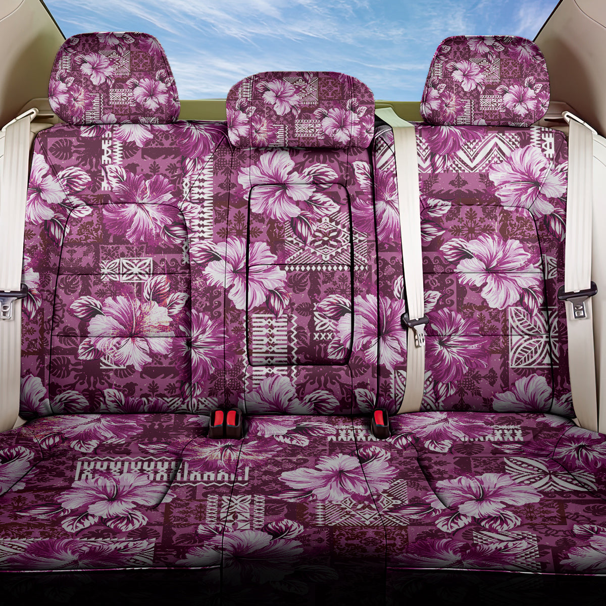 Hawaiian Quilt Pattern Back Car Seat Cover Hibiscus and Tribal Element Vintage Pink Vibe LT03