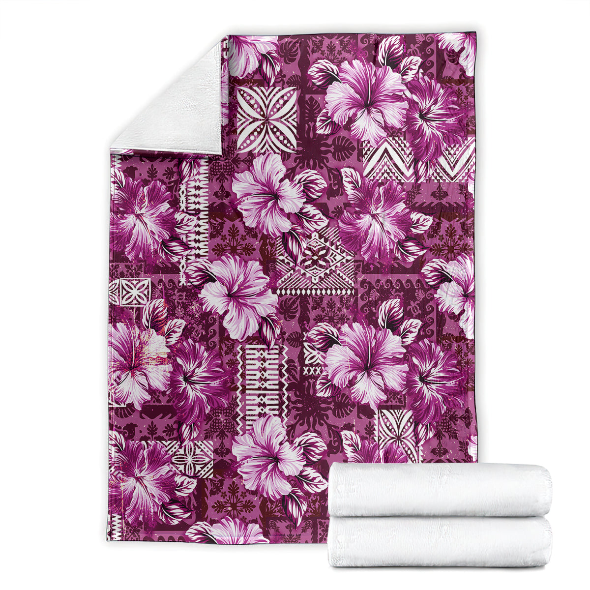 Hawaiian Quilt Pattern Blanket Hibiscus and Tribal Element Vintage Pink Vibe LT03 - Polynesian Pride