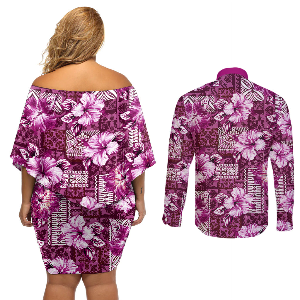 Hawaiian Quilt Pattern Couples Matching Off Shoulder Short Dress and Long Sleeve Button Shirt Hibiscus and Tribal Element Vintage Pink Vibe LT03 - Polynesian Pride