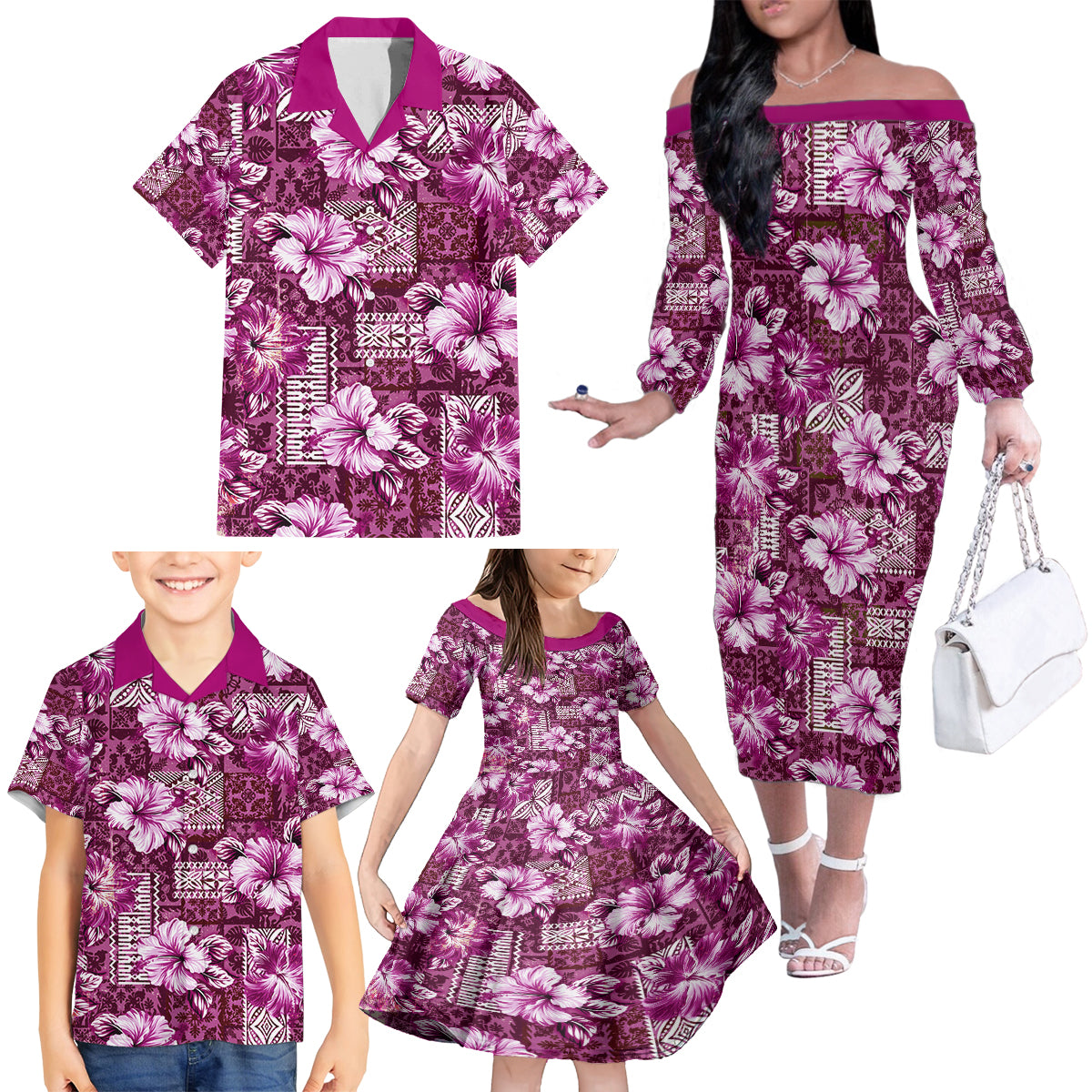 Hawaiian Quilt Pattern Family Matching Off Shoulder Long Sleeve Dress and Hawaiian Shirt Hibiscus and Tribal Element Vintage Pink Vibe LT03 - Polynesian Pride