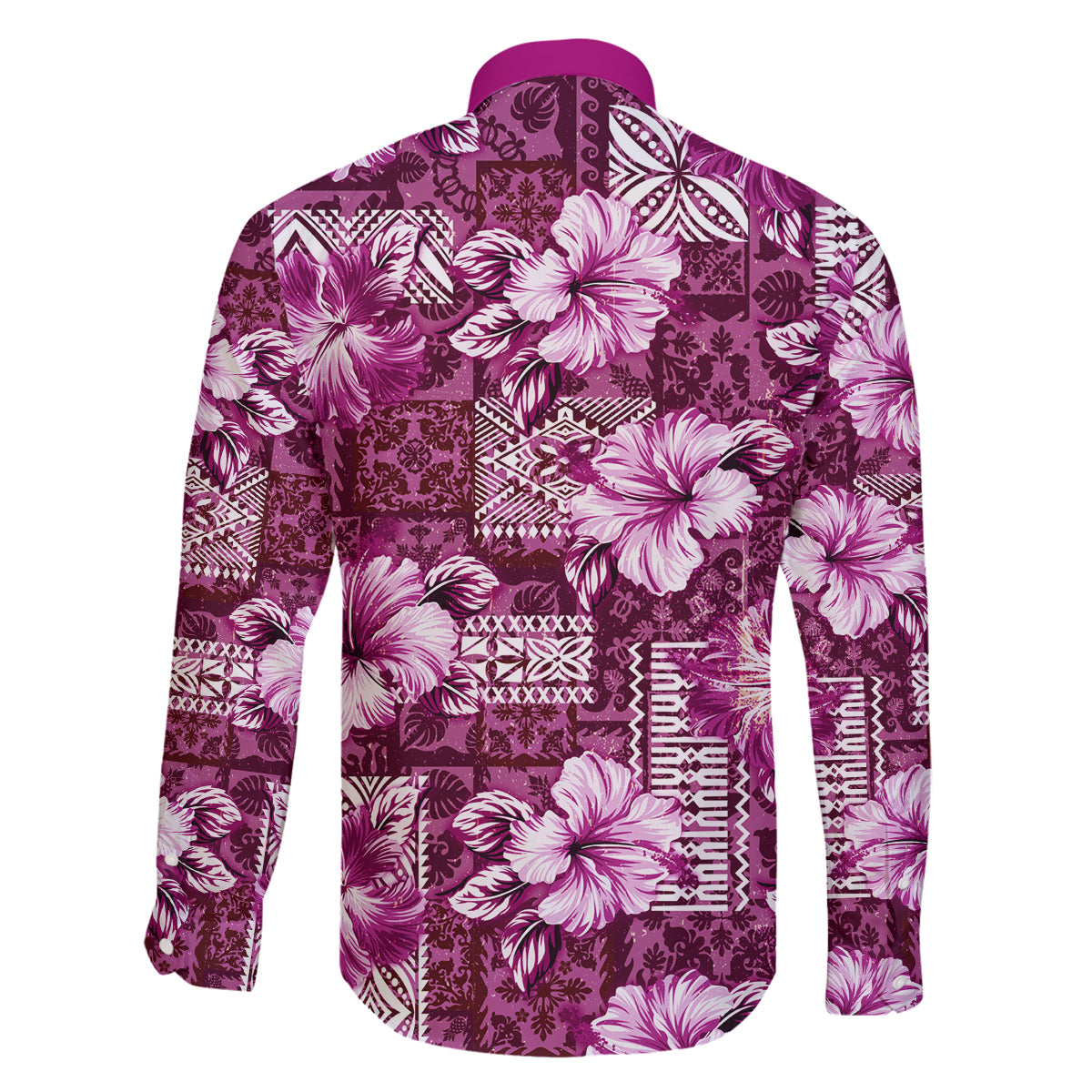 Hawaiian Quilt Pattern Family Matching Off Shoulder Long Sleeve Dress and Hawaiian Shirt Hibiscus and Tribal Element Vintage Pink Vibe LT03 - Polynesian Pride