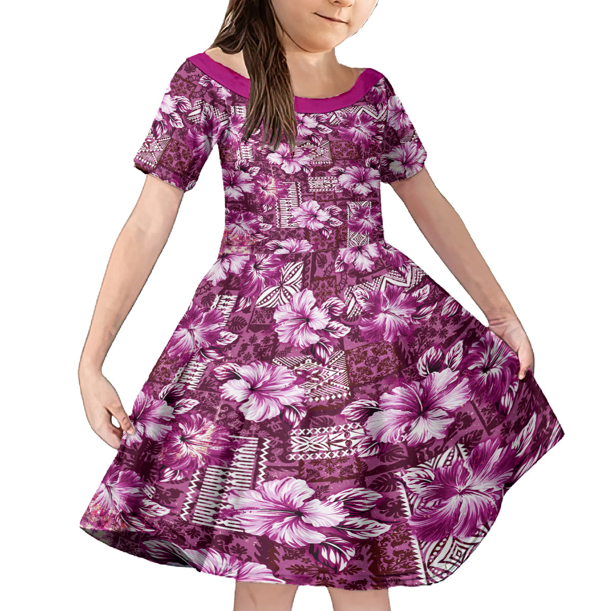 Hawaiian Quilt Pattern Family Matching Off Shoulder Short Dress and Hawaiian Shirt Hibiscus and Tribal Element Vintage Pink Vibe LT03 Daughter's Dress Pink - Polynesian Pride