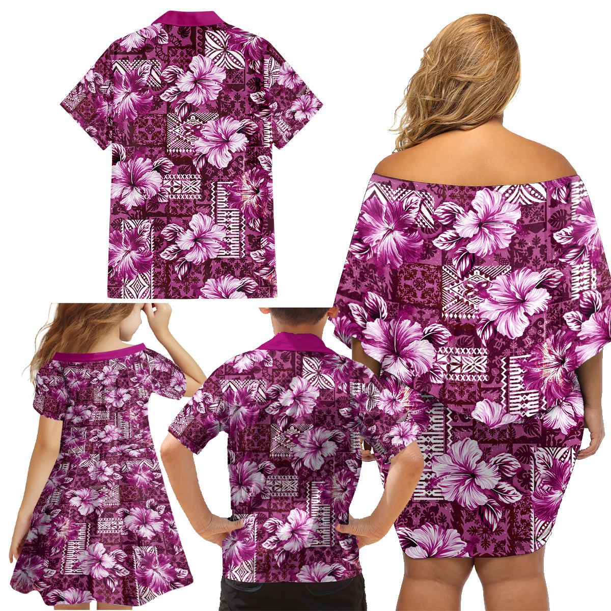 Hawaiian Quilt Pattern Family Matching Off Shoulder Short Dress and Hawaiian Shirt Hibiscus and Tribal Element Vintage Pink Vibe LT03 - Polynesian Pride