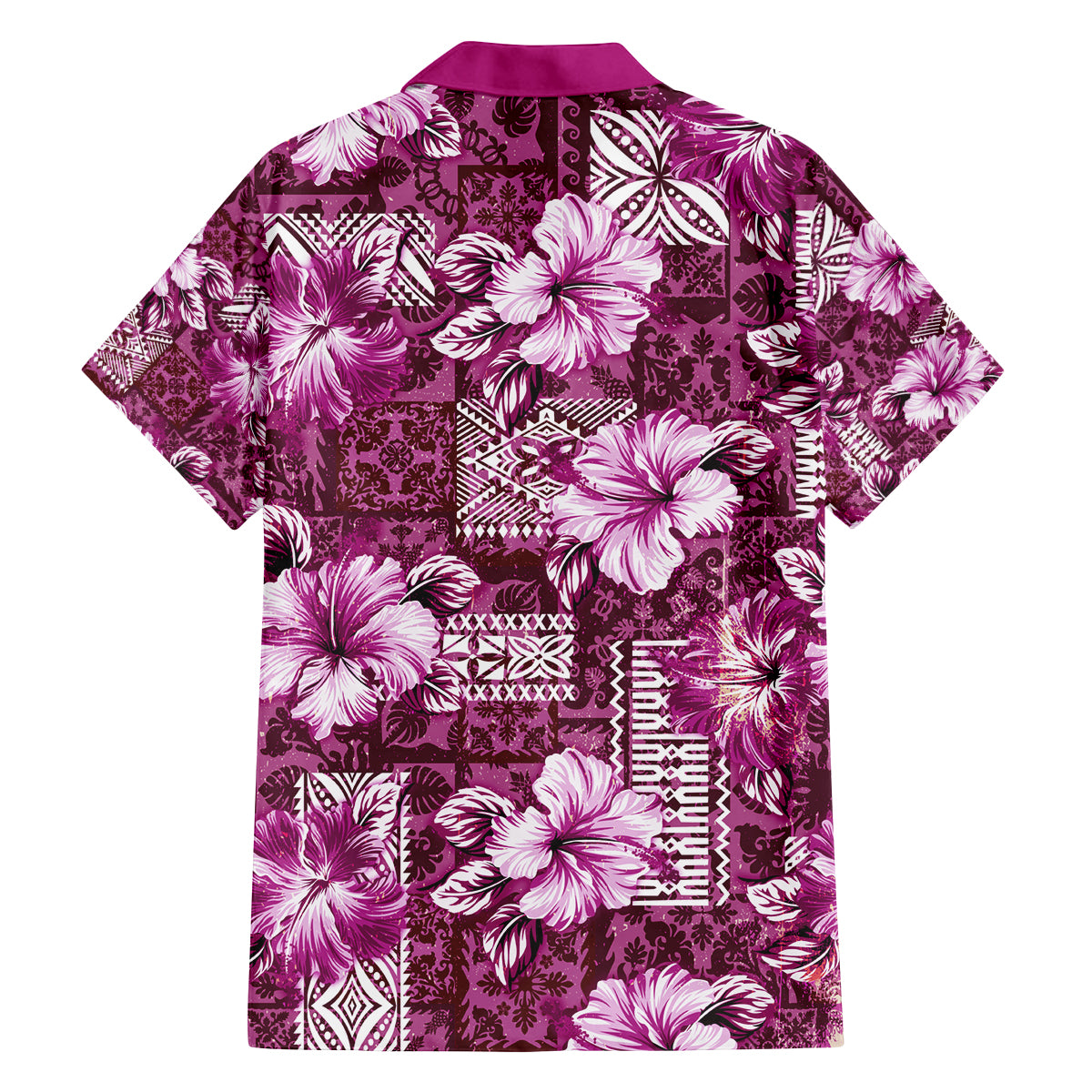 Hawaiian Quilt Pattern Family Matching Off Shoulder Short Dress and Hawaiian Shirt Hibiscus and Tribal Element Vintage Pink Vibe LT03 - Polynesian Pride
