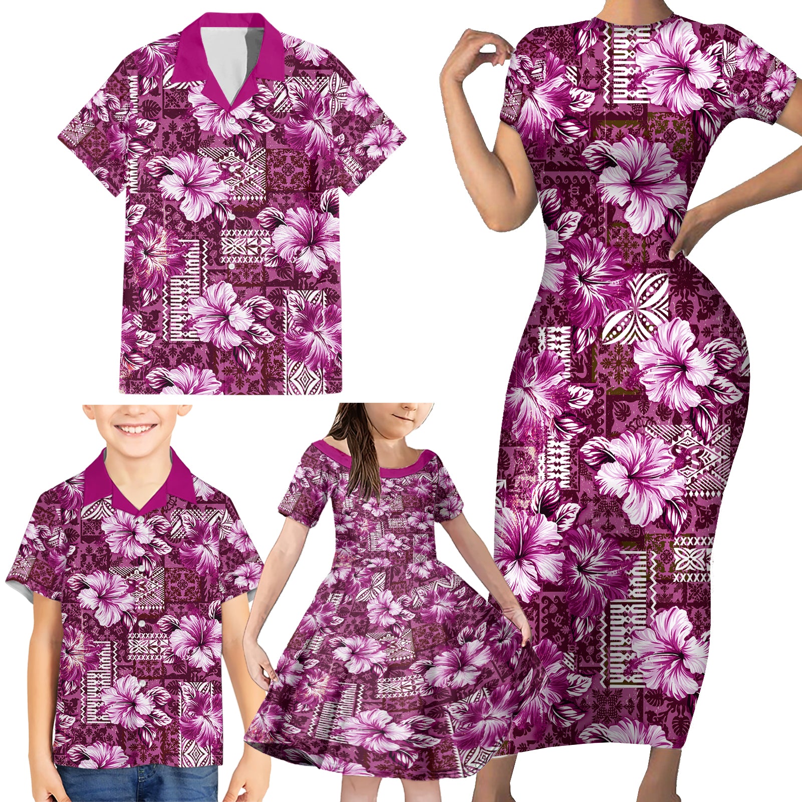 Hawaiian Quilt Pattern Family Matching Short Sleeve Bodycon Dress and Hawaiian Shirt Hibiscus and Tribal Element Vintage Pink Vibe LT03 - Polynesian Pride