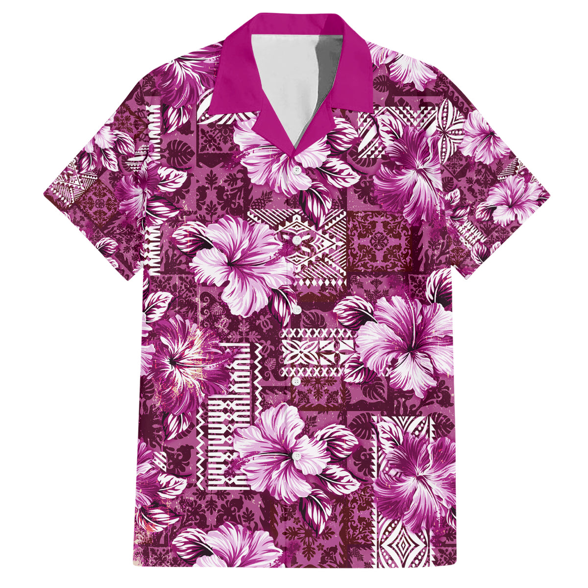 Hawaiian Quilt Pattern Family Matching Short Sleeve Bodycon Dress and Hawaiian Shirt Hibiscus and Tribal Element Vintage Pink Vibe LT03 Dad's Shirt - Short Sleeve Pink - Polynesian Pride