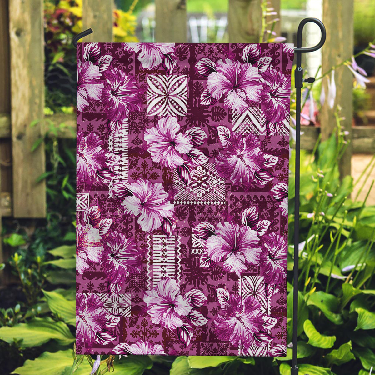 Hawaiian Quilt Pattern Garden Flag Hibiscus and Tribal Element Vintage Pink Vibe LT03 Garden Flag Pink - Polynesian Pride