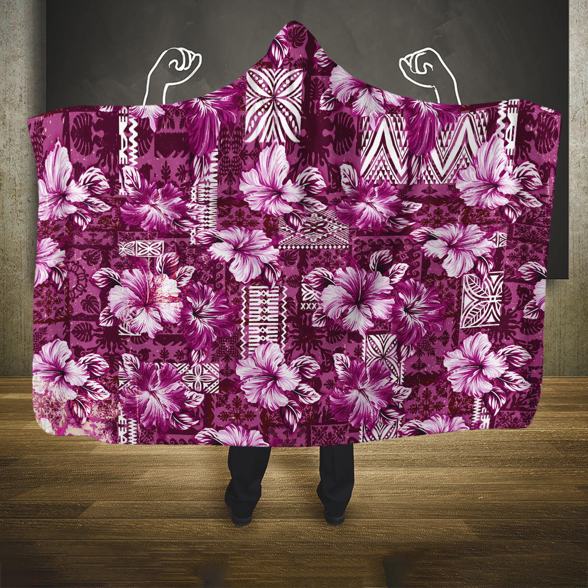 Hawaiian Quilt Pattern Hooded Blanket Hibiscus and Tribal Element Vintage Pink Vibe LT03 One Size Pink - Polynesian Pride