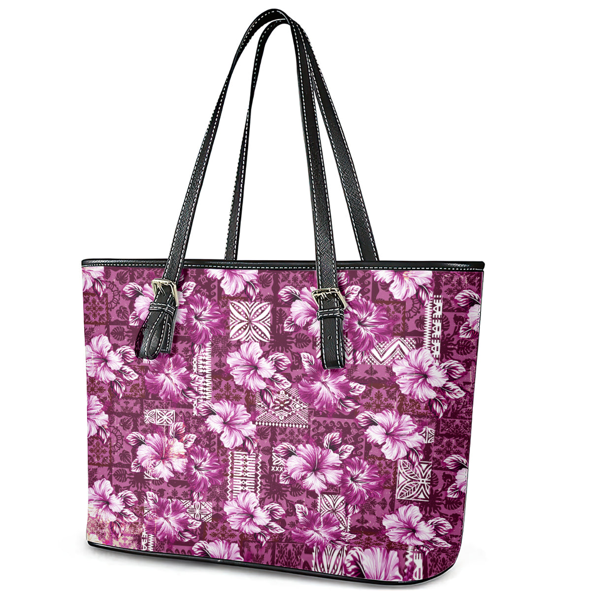 Hawaiian Quilt Pattern Leather Tote Bag Hibiscus and Tribal Element Vintage Pink Vibe LT03 - Polynesian Pride