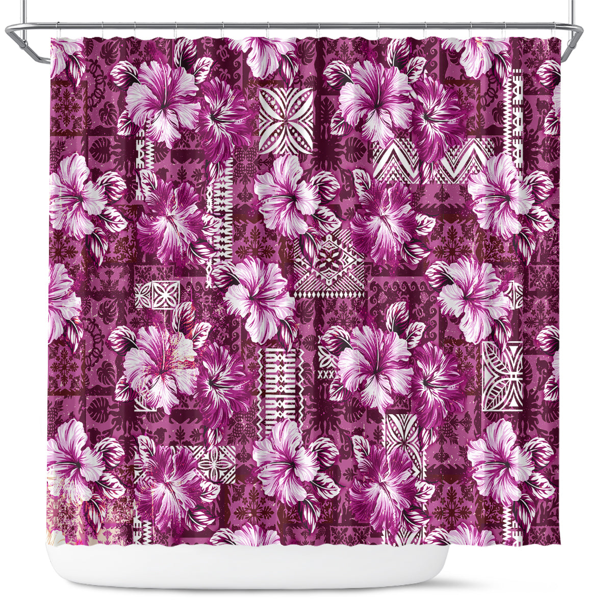 Hawaiian Quilt Pattern Shower Curtain Hibiscus and Tribal Element Vintage Pink Vibe LT03 Pink - Polynesian Pride