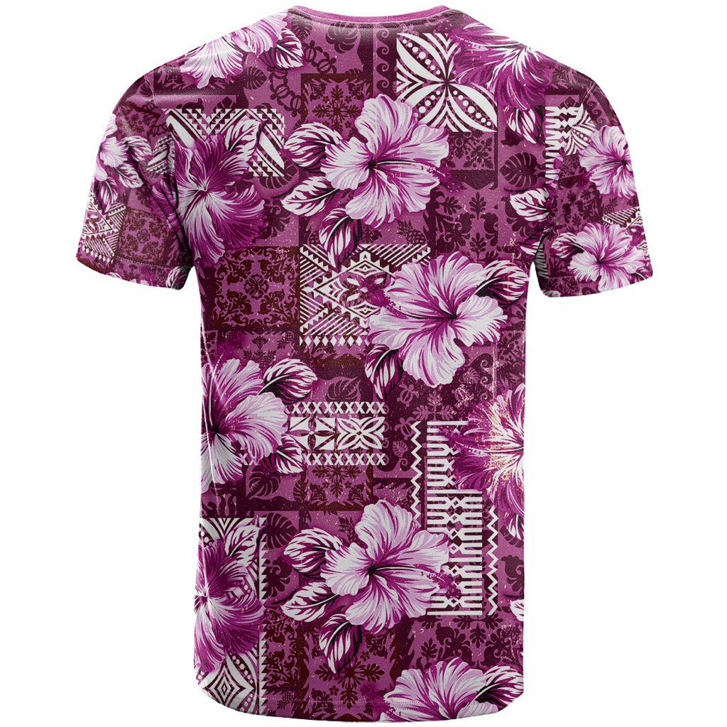 Hawaiian Quilt Pattern T Shirt Hibiscus and Tribal Element Vintage Pink Vibe LT03 - Polynesian Pride