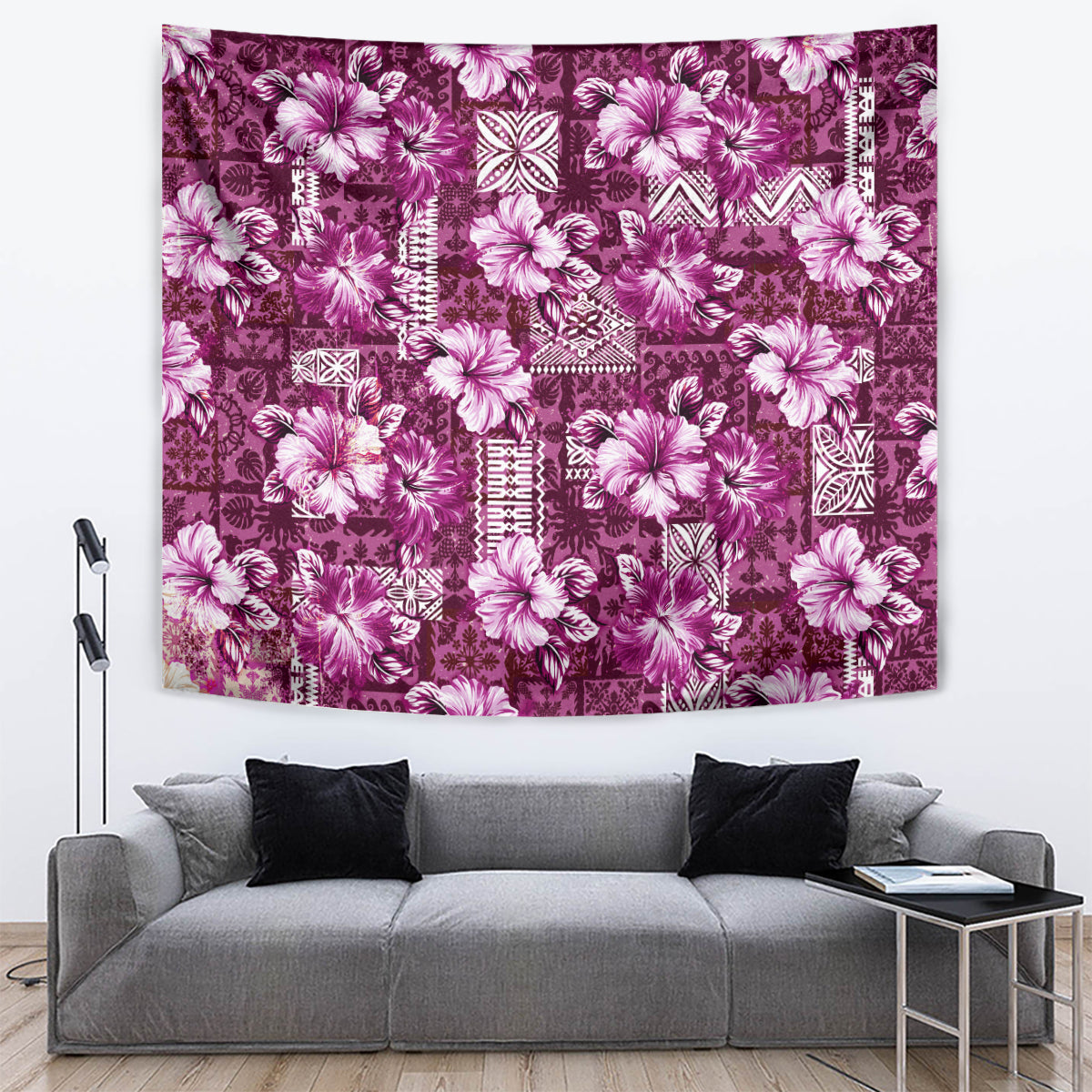 Hawaiian Quilt Pattern Tapestry Hibiscus and Tribal Element Vintage Pink Vibe LT03 Pink - Polynesian Pride