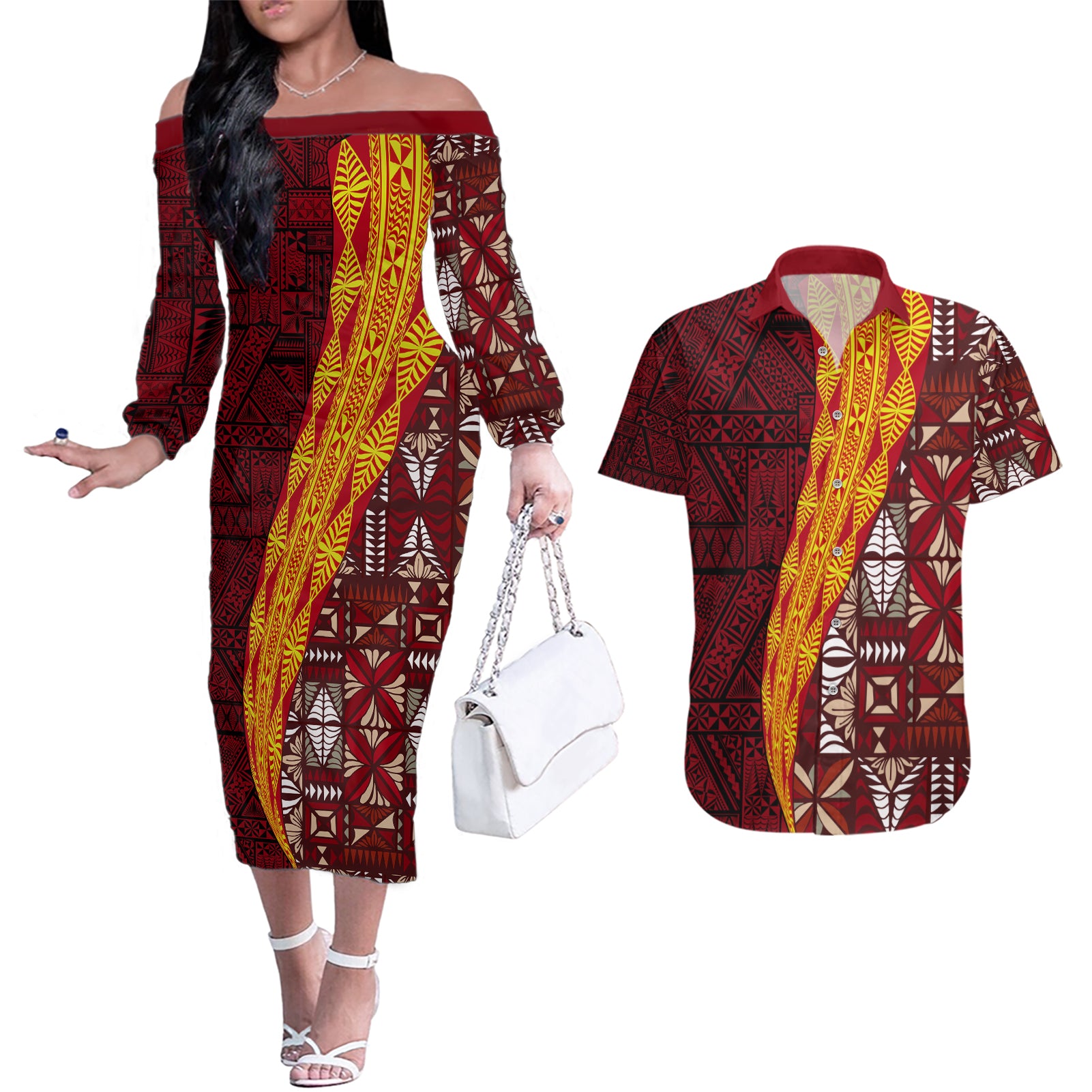 Tonga Feletoa Kupesi Fakatonga Couples Matching Off The Shoulder Long Sleeve Dress and Hawaiian Shirt LT03 Red - Polynesian Pride