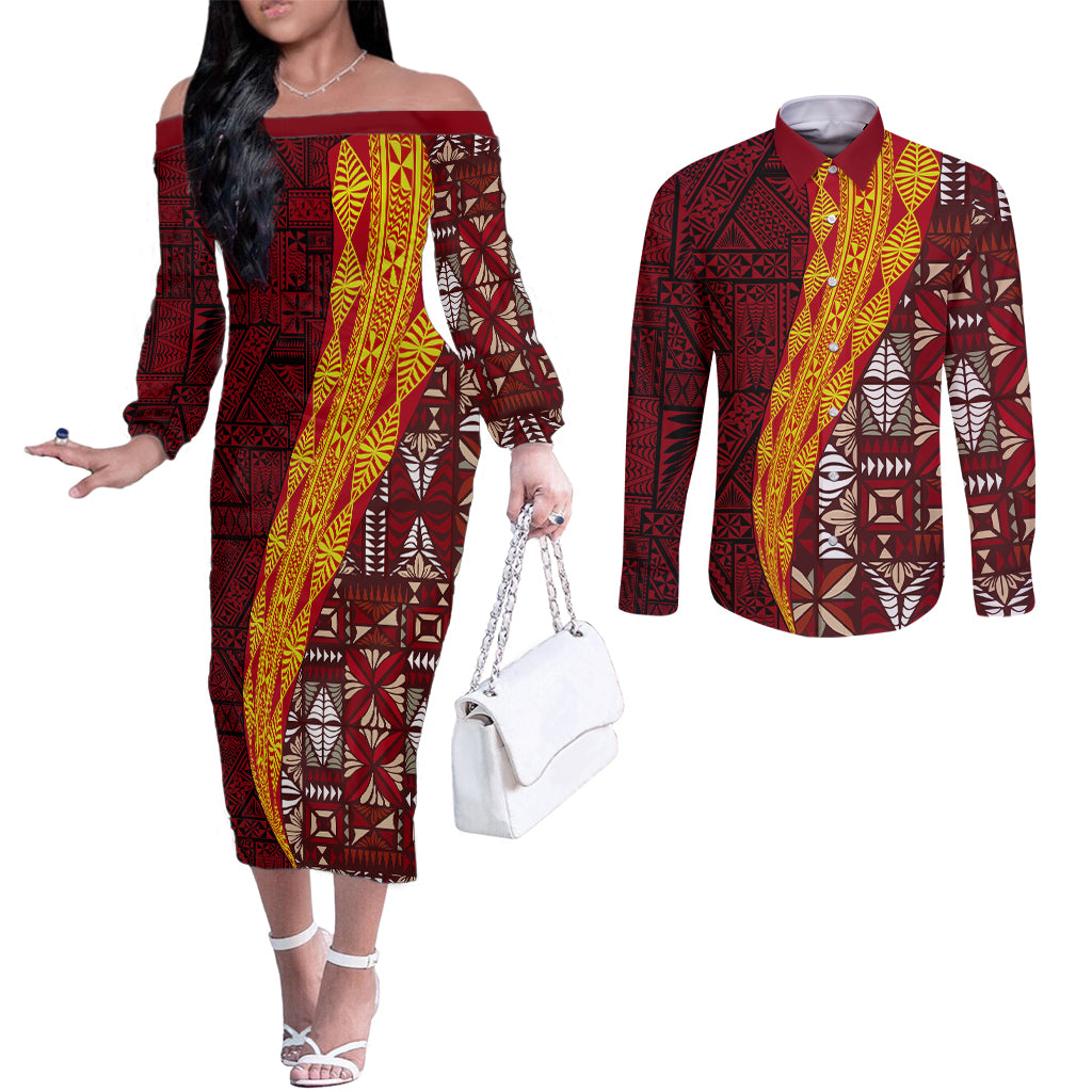 Tonga Feletoa Kupesi Fakatonga Couples Matching Off The Shoulder Long Sleeve Dress and Long Sleeve Button Shirt LT03 Red - Polynesian Pride