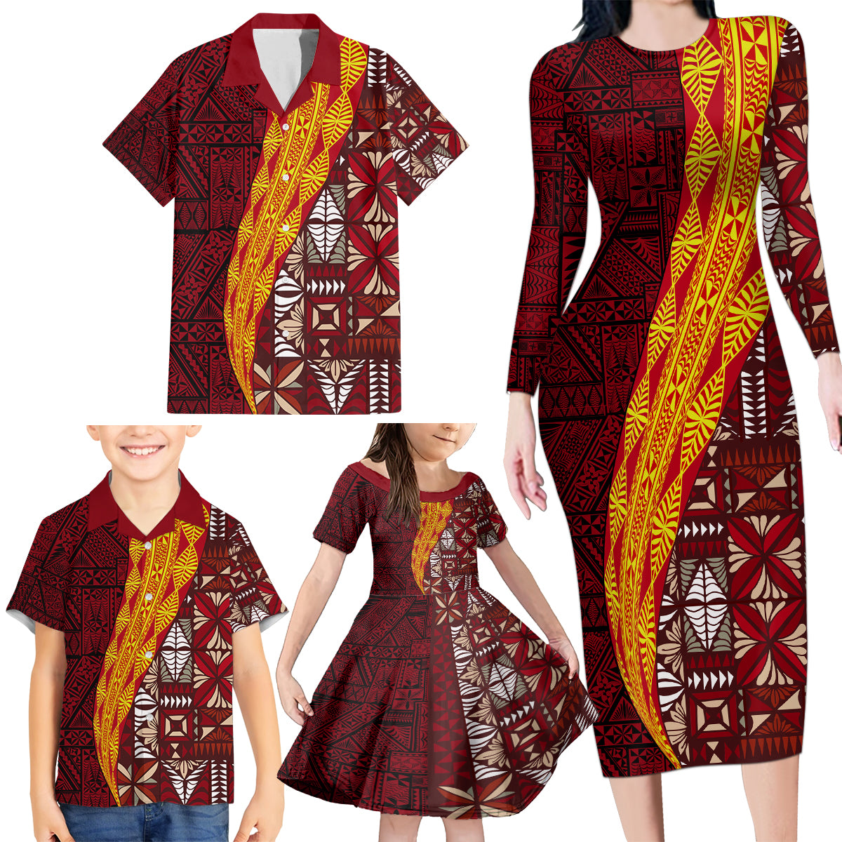 Tonga Feletoa Kupesi Fakatonga Family Matching Long Sleeve Bodycon Dress and Hawaiian Shirt LT03 - Polynesian Pride