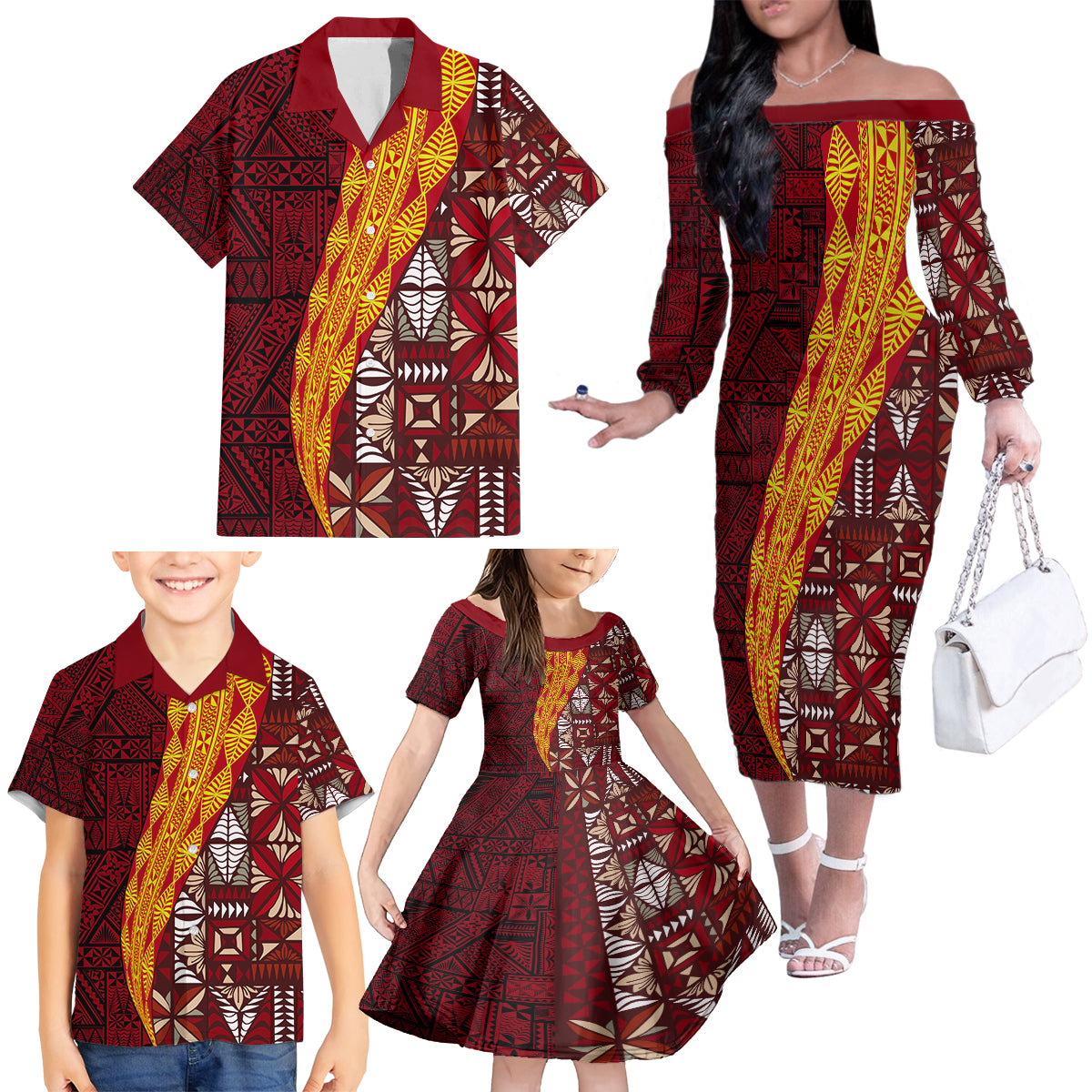 Tonga Feletoa Kupesi Fakatonga Family Matching Off Shoulder Long Sleeve Dress and Hawaiian Shirt LT03 - Polynesian Pride