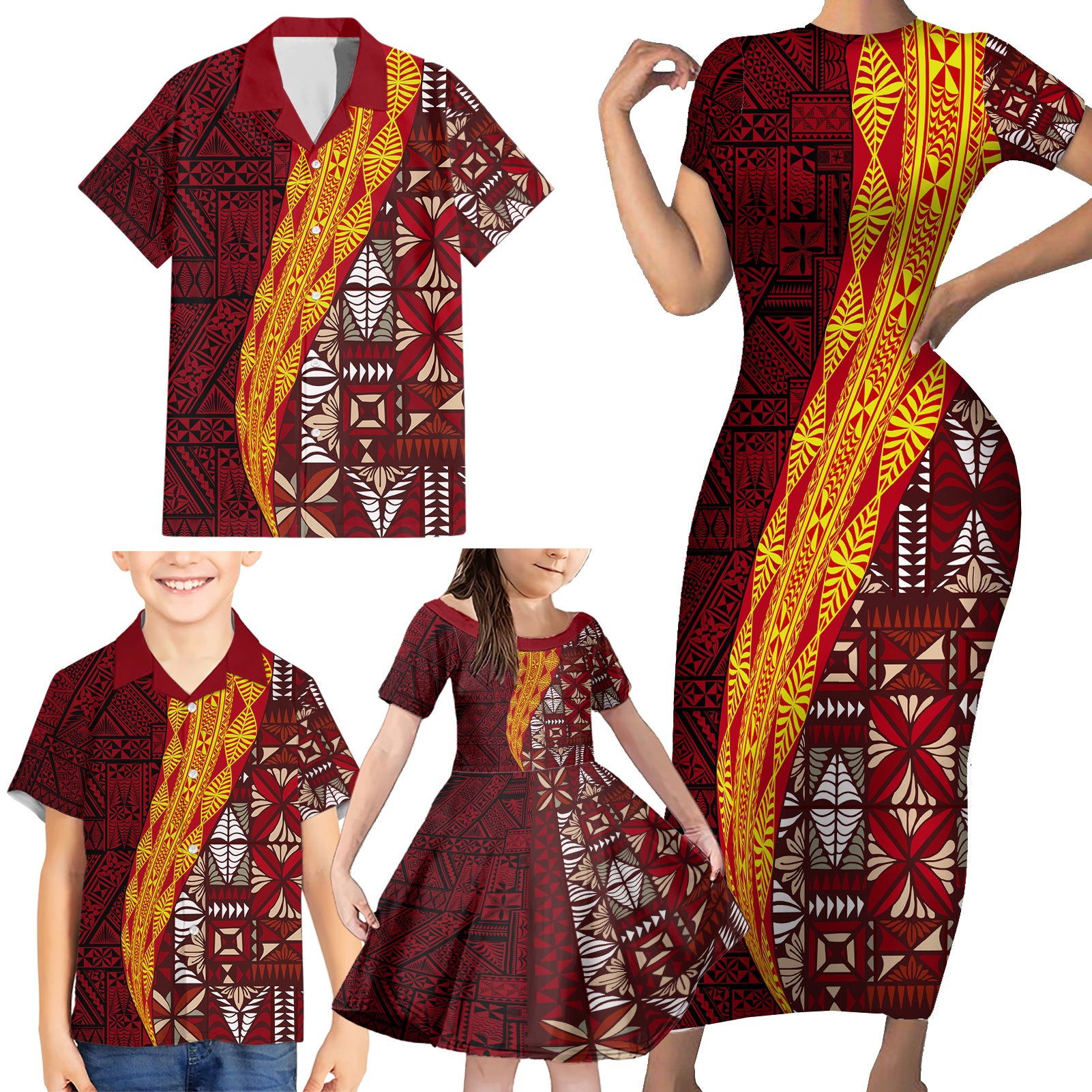 Tonga Feletoa Kupesi Fakatonga Family Matching Short Sleeve Bodycon Dress and Hawaiian Shirt LT03 - Polynesian Pride