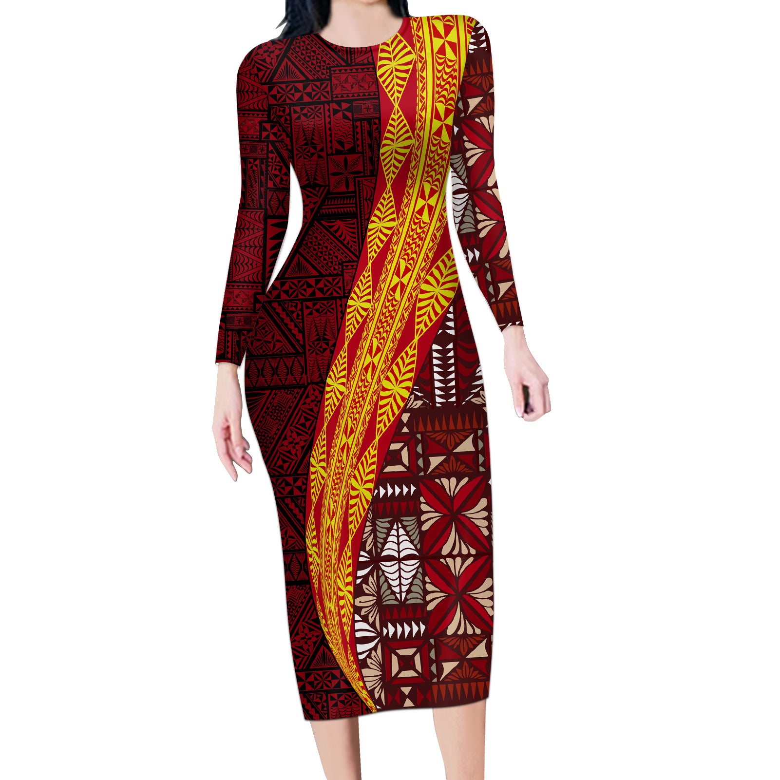 Tonga Feletoa Kupesi Fakatonga Long Sleeve Bodycon Dress LT03 Long Dress Red - Polynesian Pride