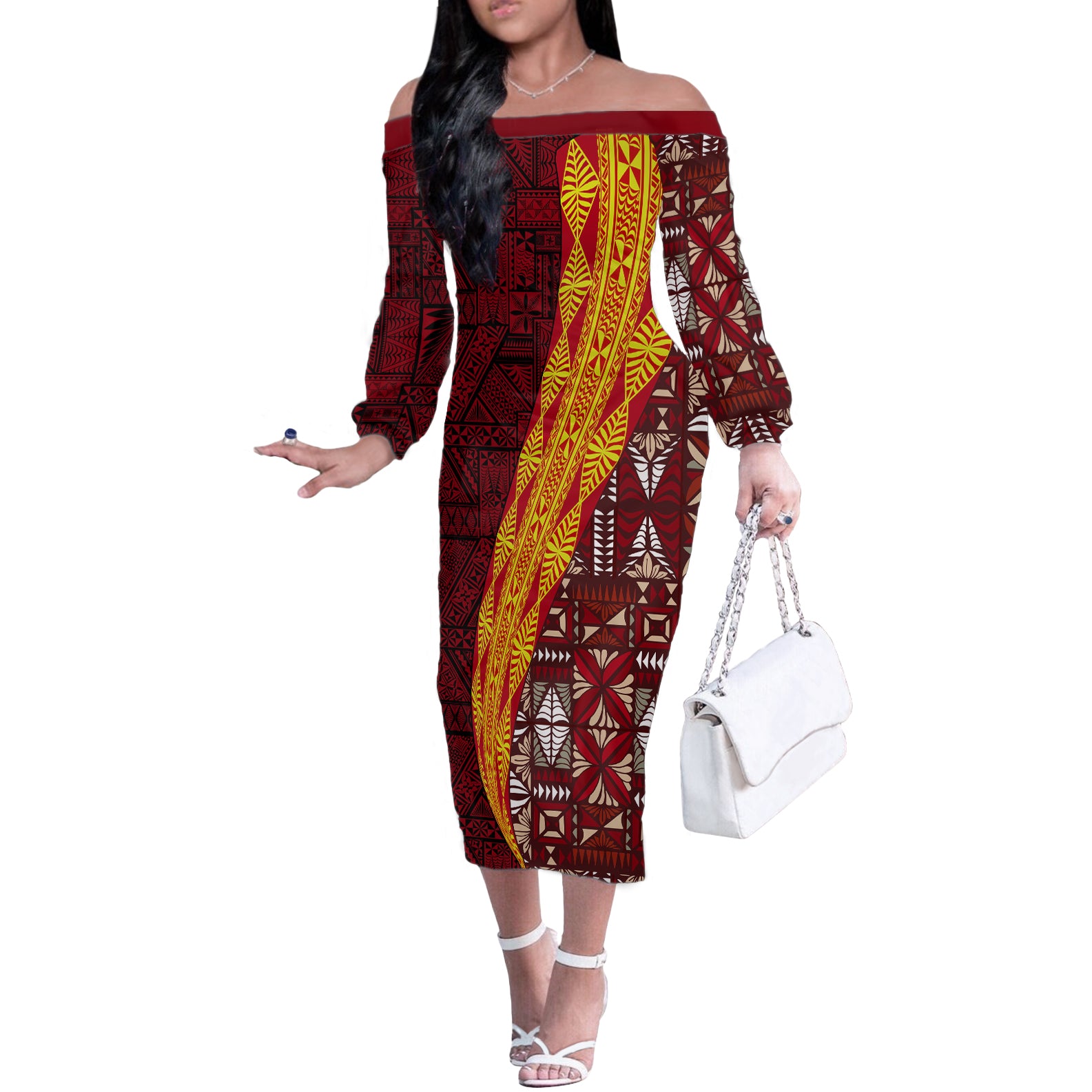 Tonga Feletoa Kupesi Fakatonga Off The Shoulder Long Sleeve Dress LT03 Women Red - Polynesian Pride