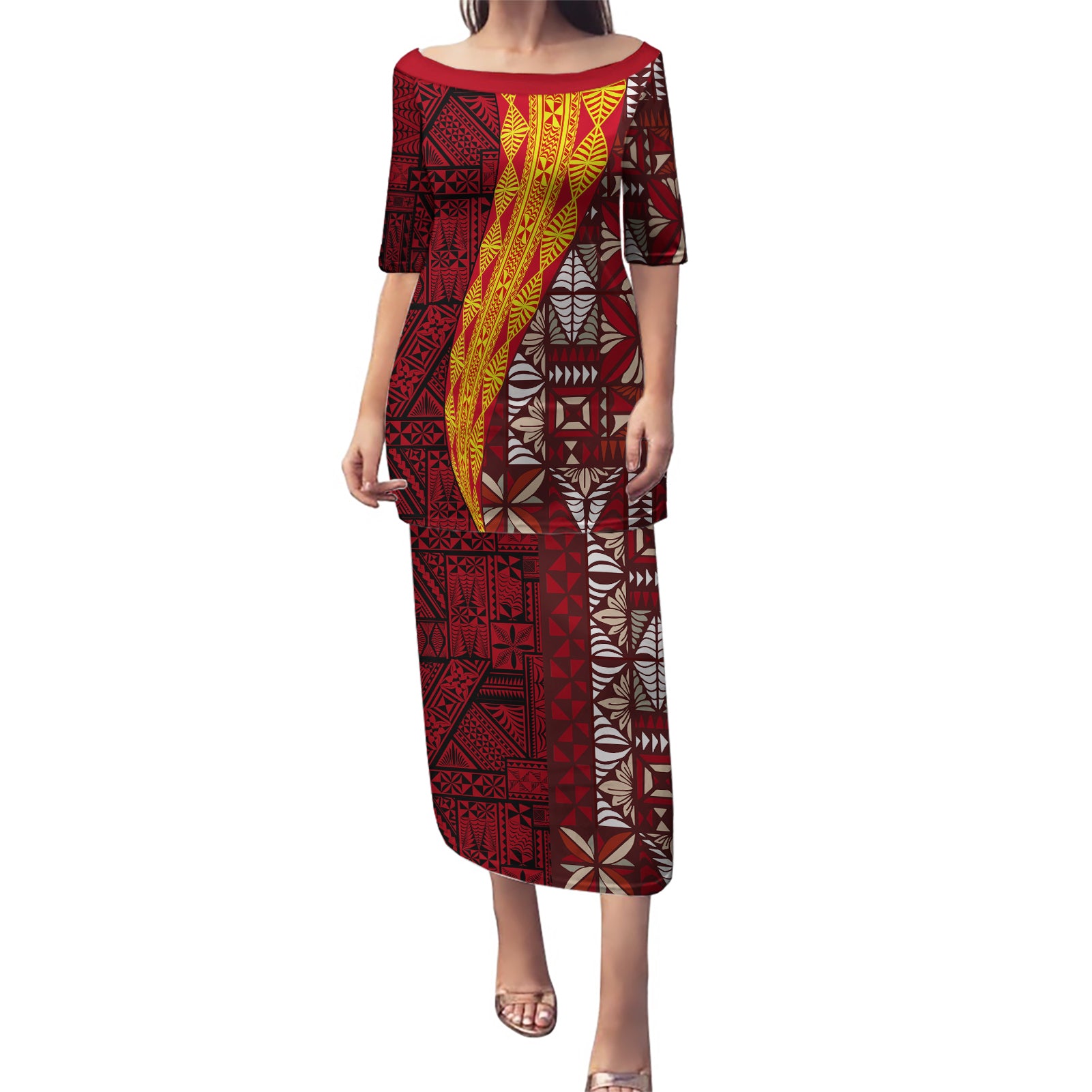 Tonga Feletoa Kupesi Fakatonga Puletasi LT03 Long Dress Red - Polynesian Pride