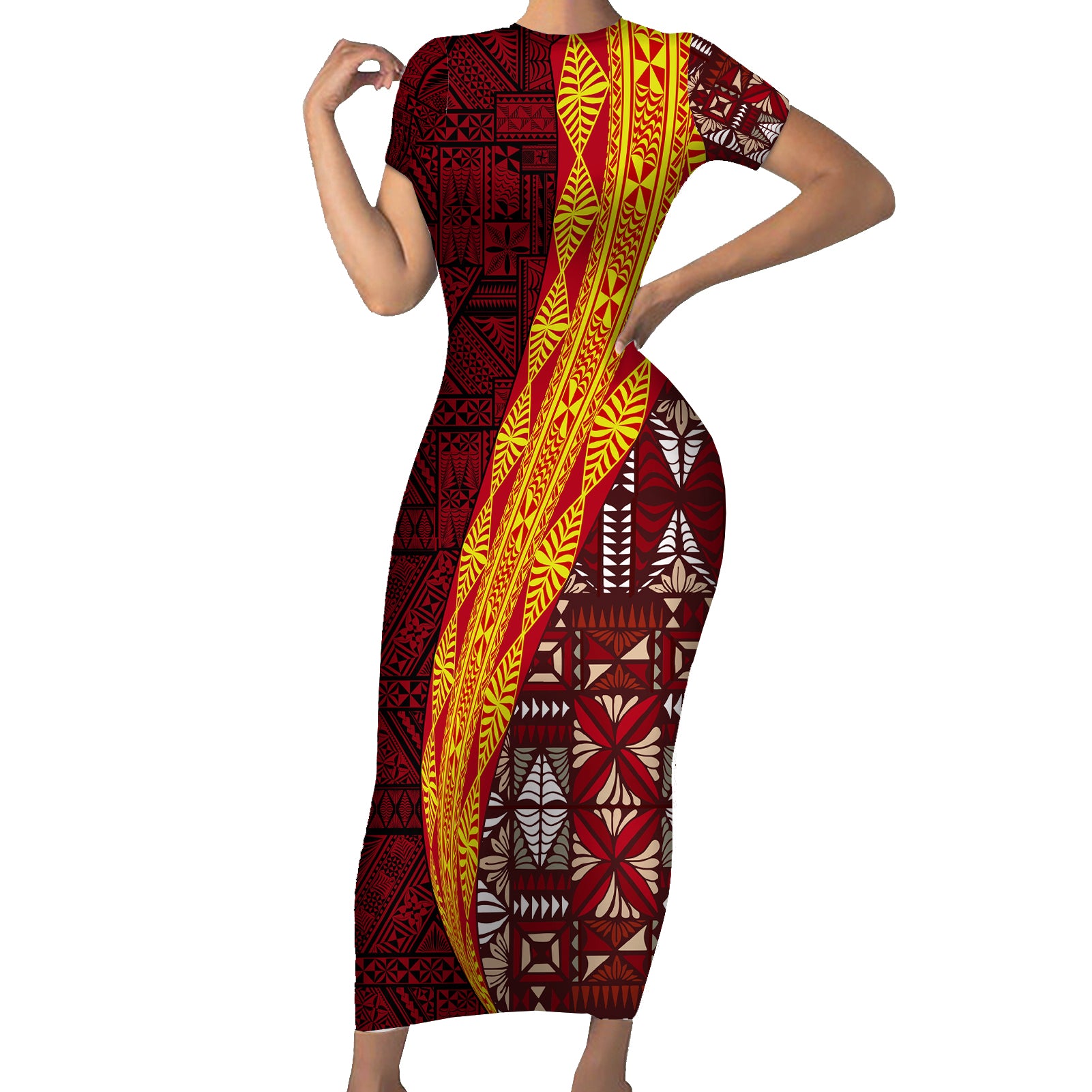 Tonga Feletoa Kupesi Fakatonga Short Sleeve Bodycon Dress LT03 Long Dress Red - Polynesian Pride