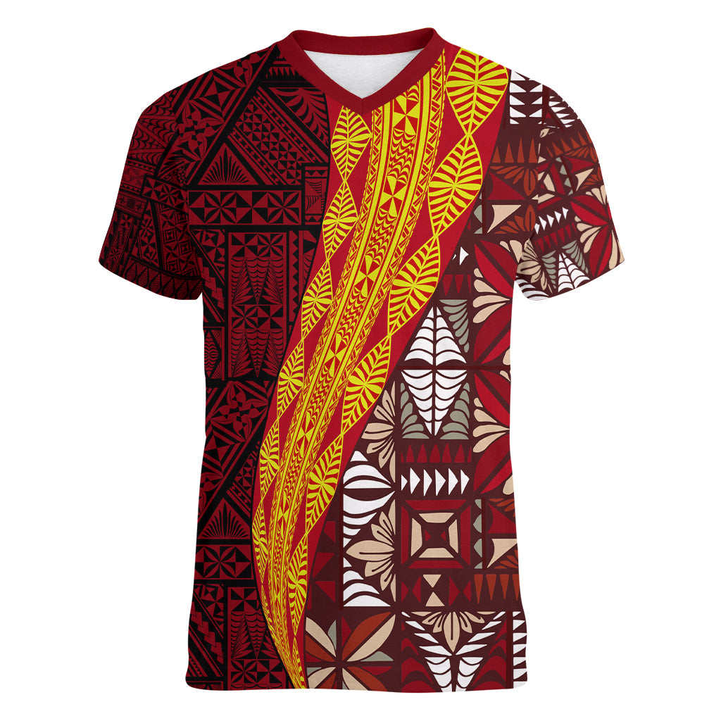 Tonga Feletoa Kupesi Fakatonga Women V Neck T Shirt LT03 Female Red - Polynesian Pride