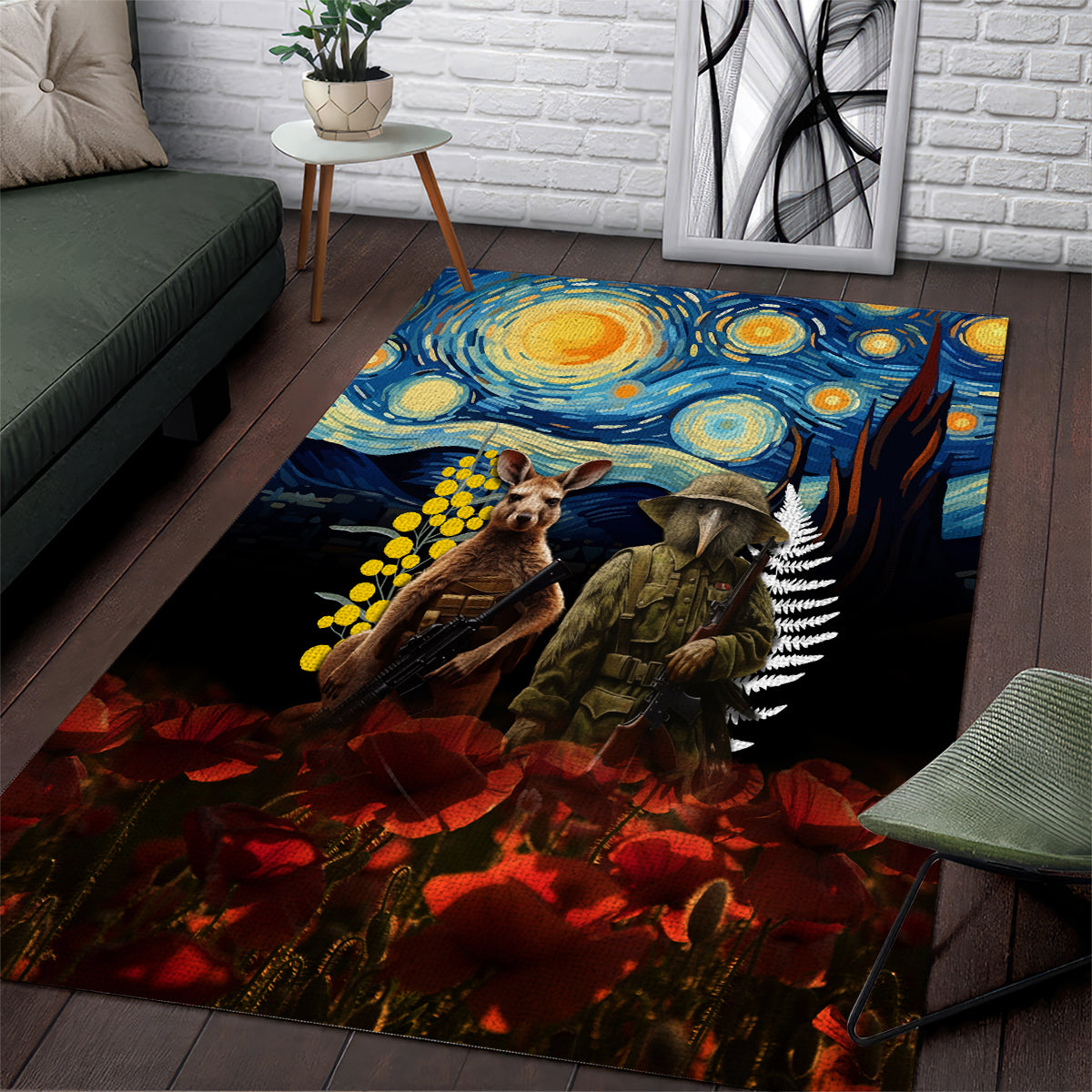 New Zealand and Australia ANZAC Day Area Rug Kiwi Bird and Kangaroo Soldier Starry Night Style LT03 Black - Polynesian Pride