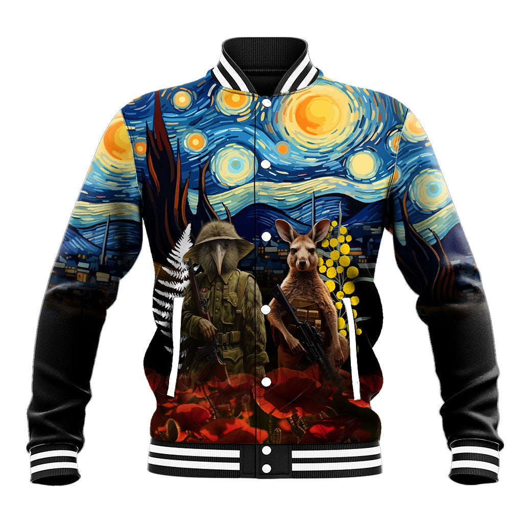 New Zealand and Australia ANZAC Day Baseball Jacket Kiwi Bird and Kangaroo Soldier Starry Night Style LT03 Unisex Black - Polynesian Pride