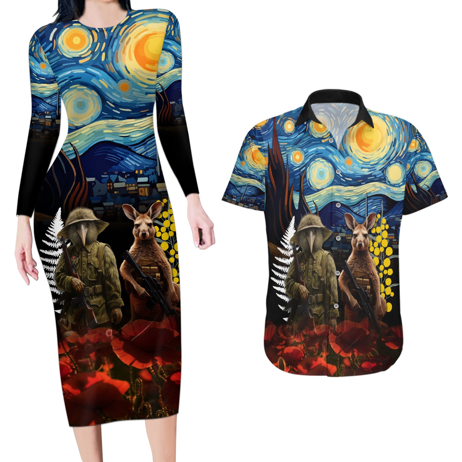 New Zealand and Australia ANZAC Day Couples Matching Long Sleeve Bodycon Dress and Hawaiian Shirt Kiwi Bird and Kangaroo Soldier Starry Night Style LT03 Black - Polynesian Pride