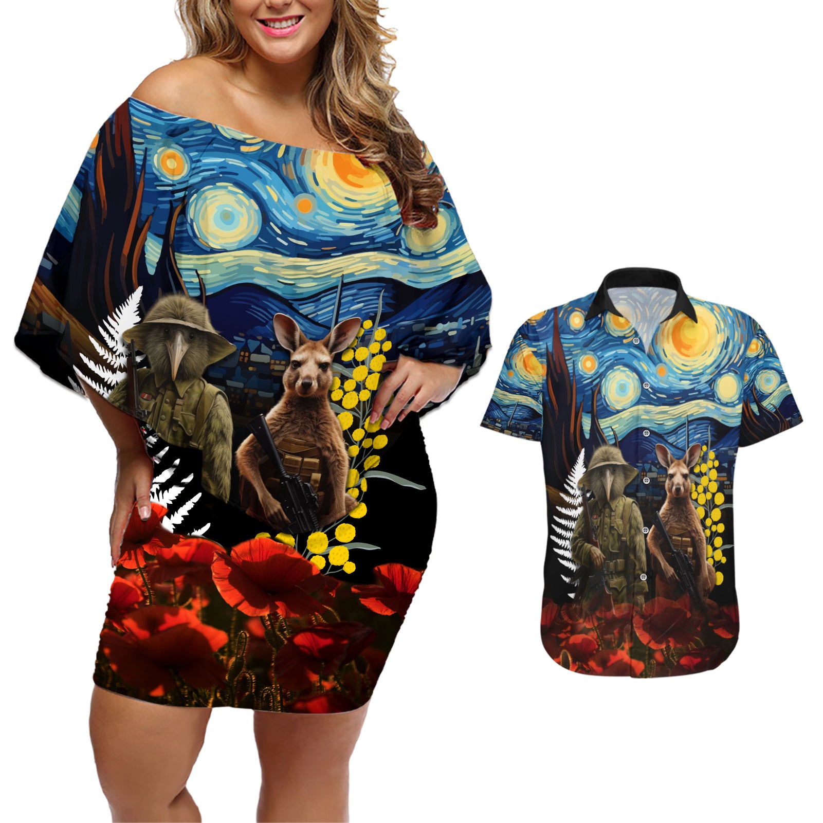 New Zealand and Australia ANZAC Day Couples Matching Off Shoulder Short Dress and Hawaiian Shirt Kiwi Bird and Kangaroo Soldier Starry Night Style LT03 Black - Polynesian Pride