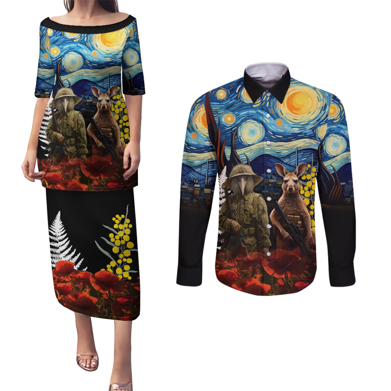 New Zealand and Australia ANZAC Day Couples Matching Puletasi and Long Sleeve Button Shirt Kiwi Bird and Kangaroo Soldier Starry Night Style LT03 Black - Polynesian Pride